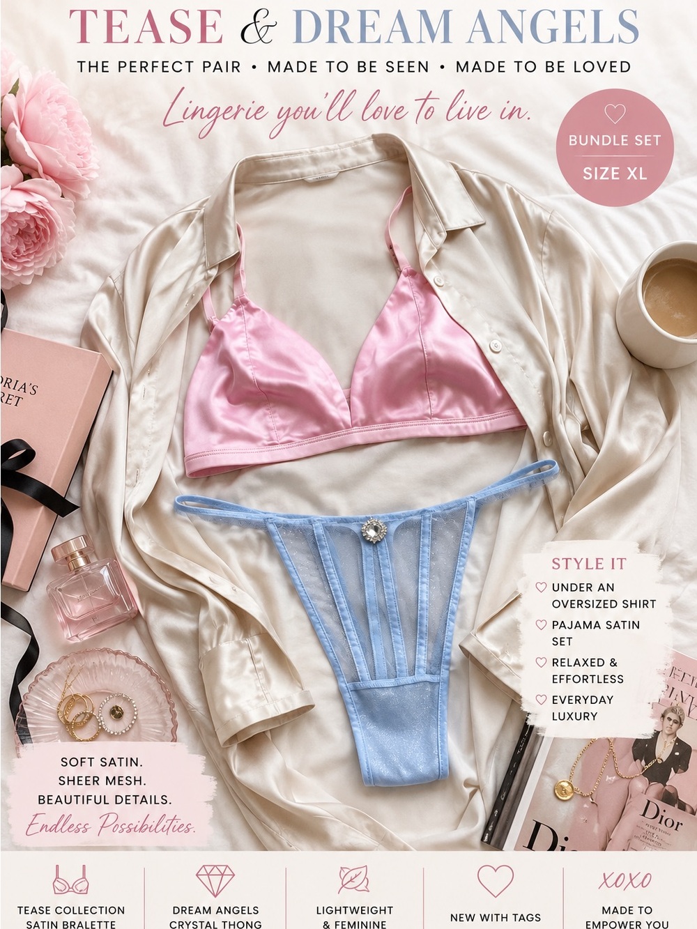 Victoria’s Secret Tease Satin Bralette & Dream Angels Crystal Thong Set XL NWT